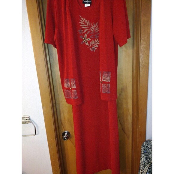 Positive Attitude Womens Size 16 Red Two Piece Jacket Long Dress Floral Açcent - Picture 2 of 14